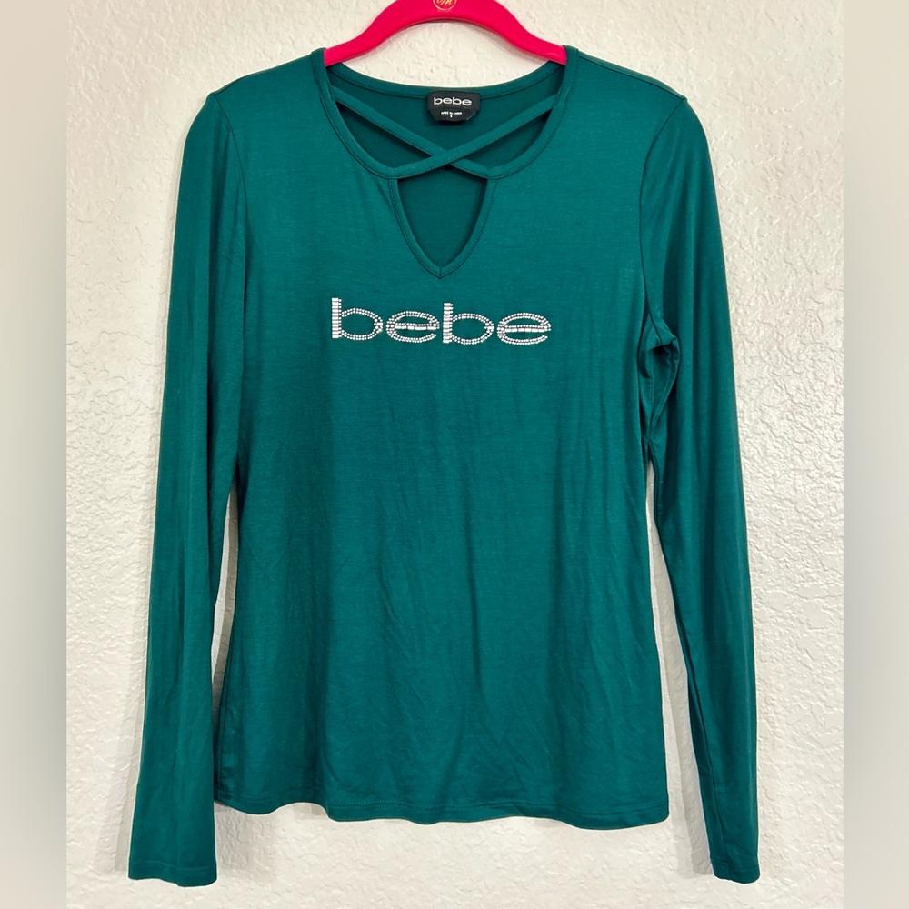 BEBE Teal Keyhole Neck Rhinestone Embellished Bebe Logo LS - Size Small